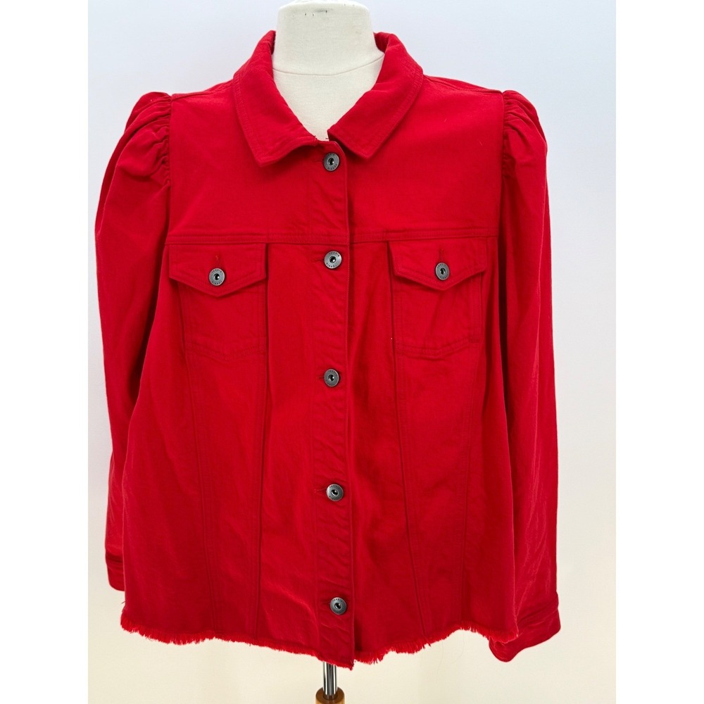 Torrid Red Denim Puff Sleeve Trucker Jacket Cropped Raw Hem Size 6 6X